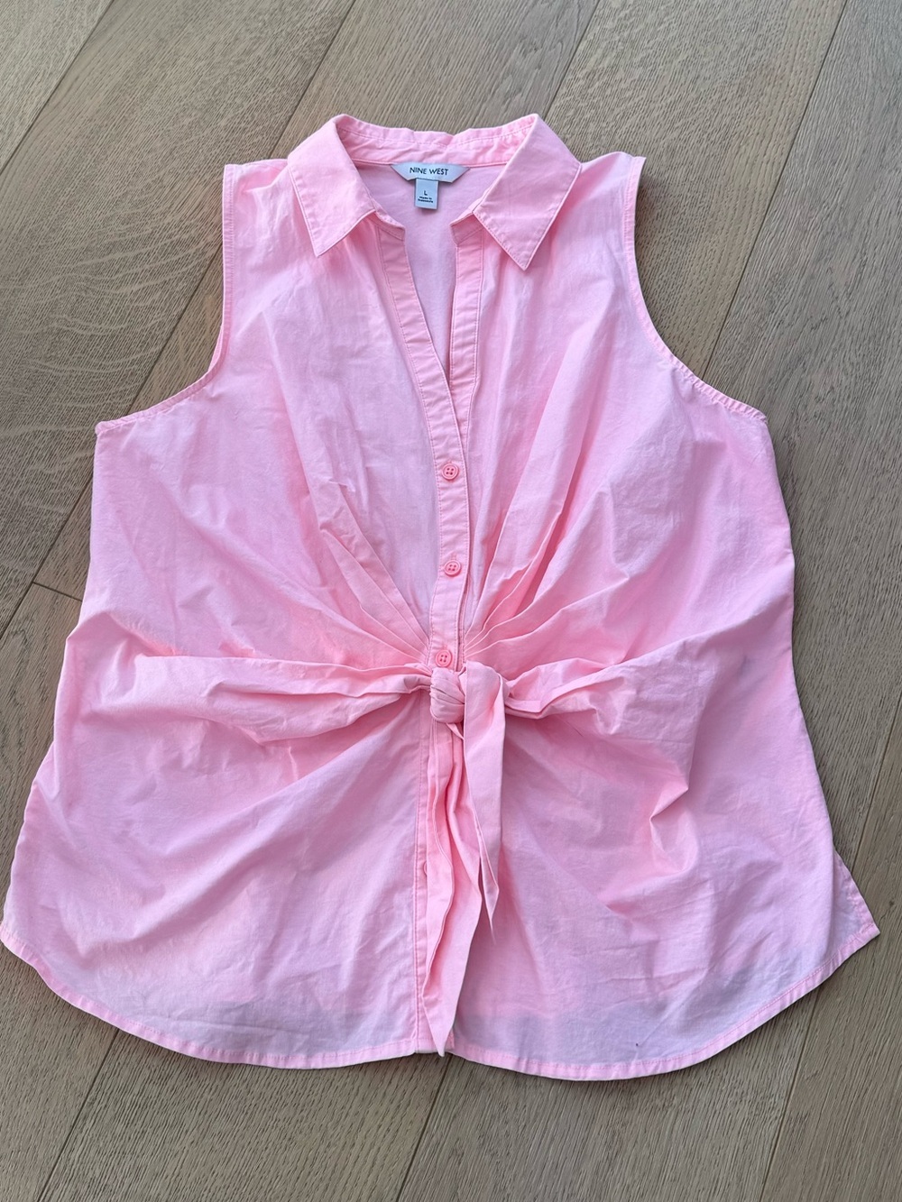 Nine West Front Tie Pink Button Up Sleeveless Blouse Size Large - Picture 2 of 7